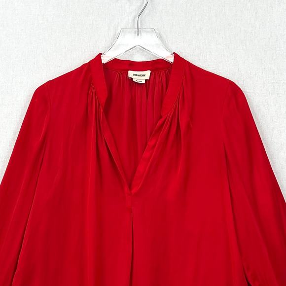 ZADIG AND VOLTAIRE Tink Satin Shirt Womens Medium Red Long Sleeve Split Neck Top - Picture 5 of 16